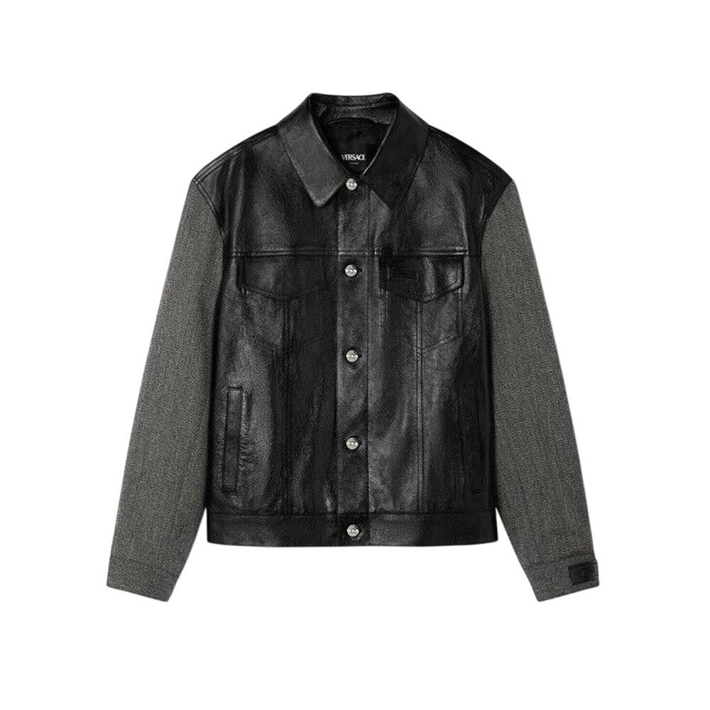 NWT Versace Panelled Leather Wool Mixed Media Jacket Black Men IT 52 XL $3,050